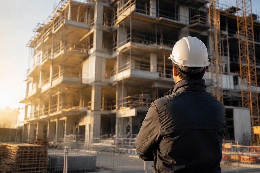 Contractor overlooking a building under construction